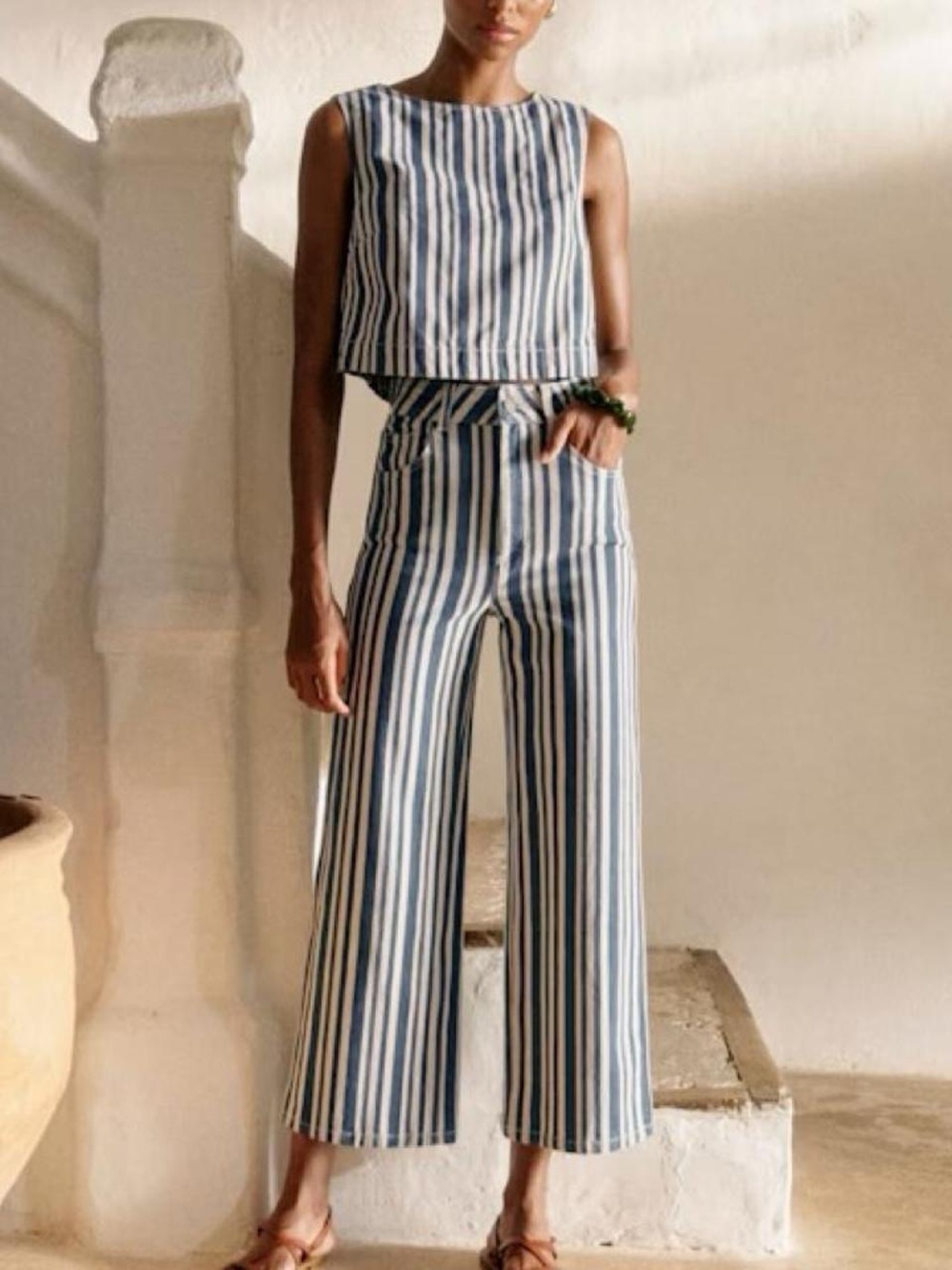 Sézane Striped Blue & White Wide-Leg Jean